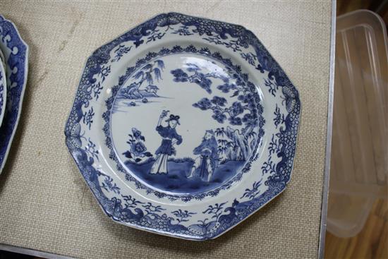 Two 18th century Chinese blue and white octagonal meat plates, 25cm and 31cm, a circular plate decorated with warriors, 25cm, another w